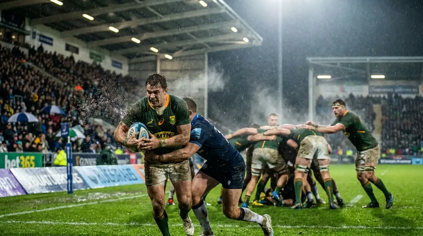Rugby players competing in heavy rain affecting scoring totals