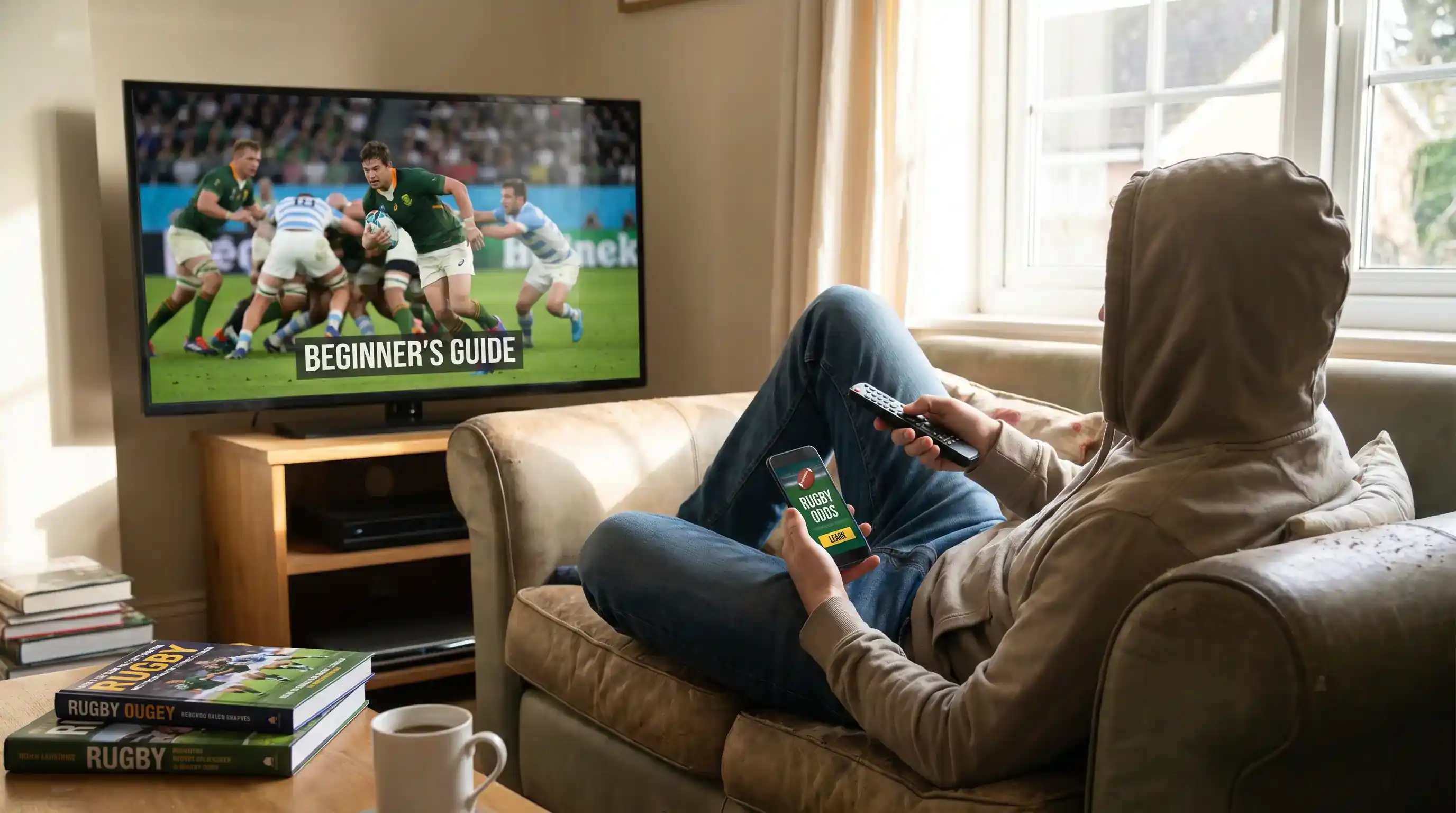 Beginner watching a rugby match on TV while learning about betting markets