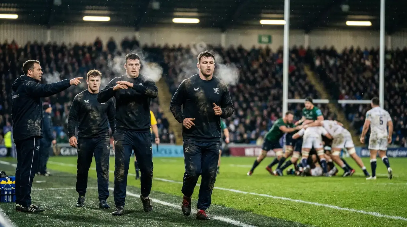 Rugby team bench with replacement players preparing to enter the match