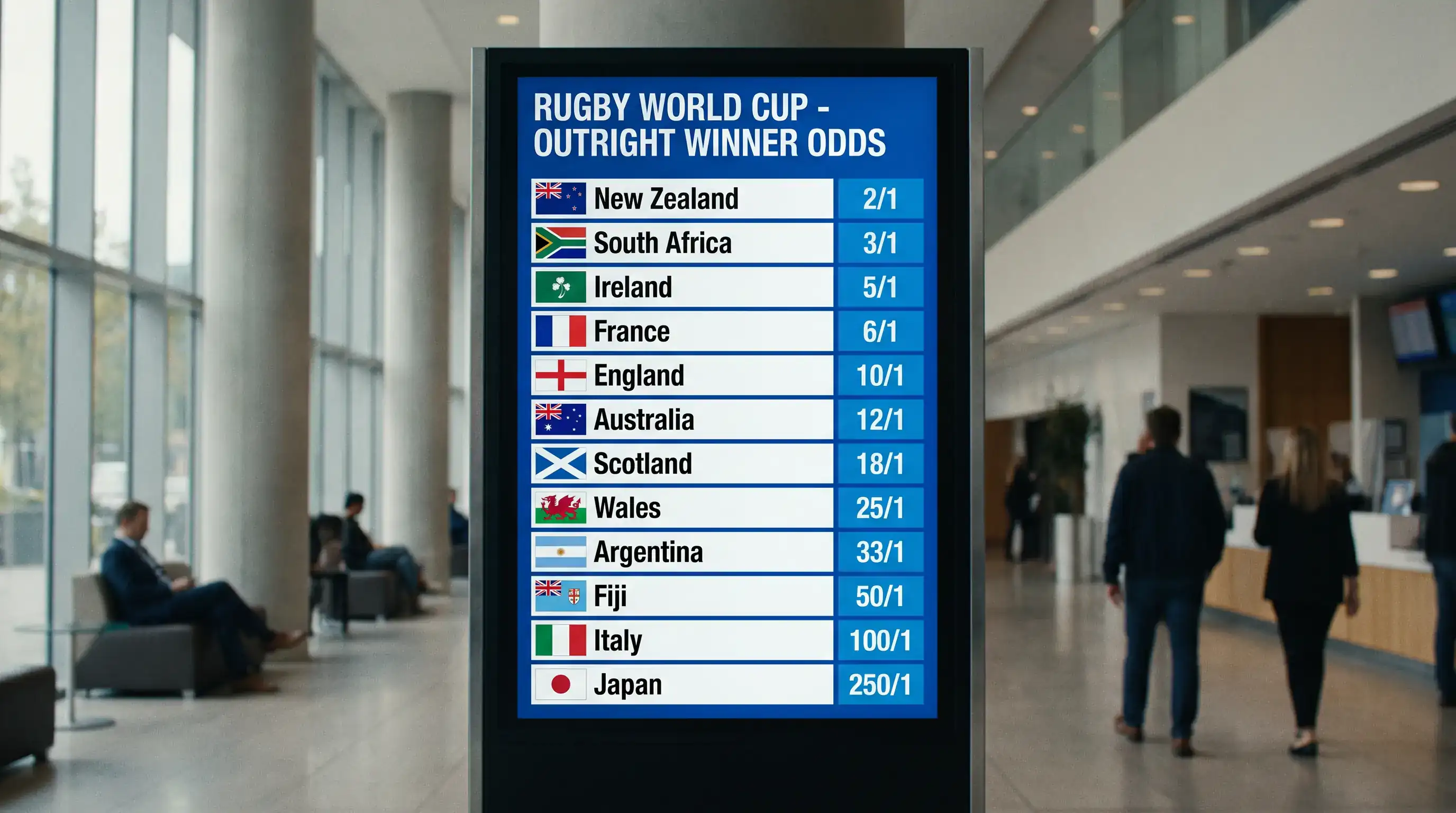 Outright tournament winner odds displayed on a betting screen for the Rugby World Cup