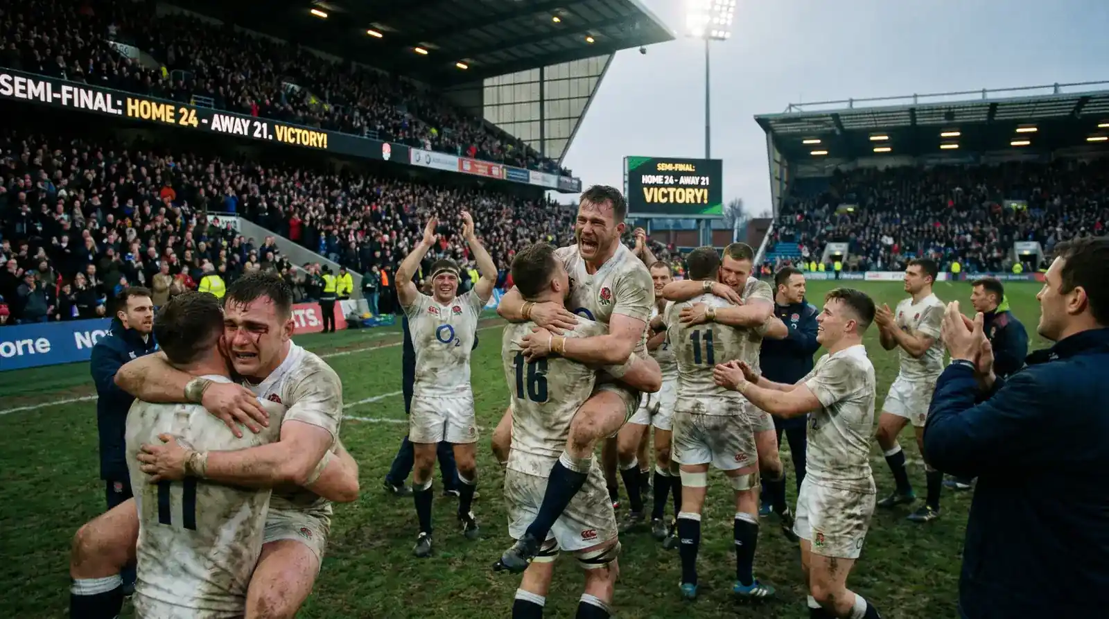 Premiership rugby team celebrating a semi-final victory on the pitch