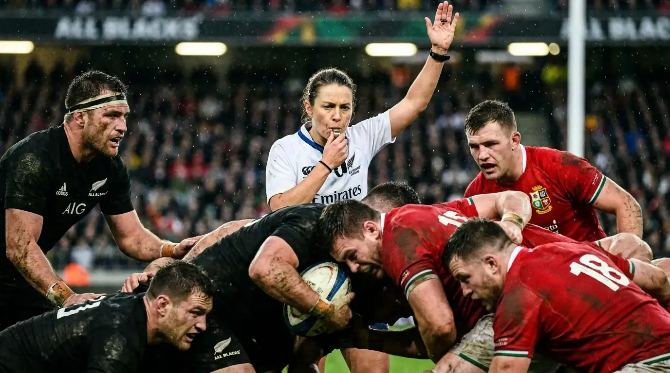 Rugby referee blowing the whistle to award a penalty during a tense match