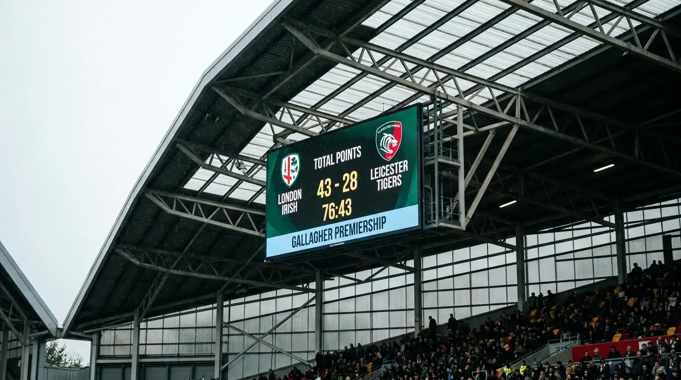 Stadium scoreboard displaying combined points total during a rugby match