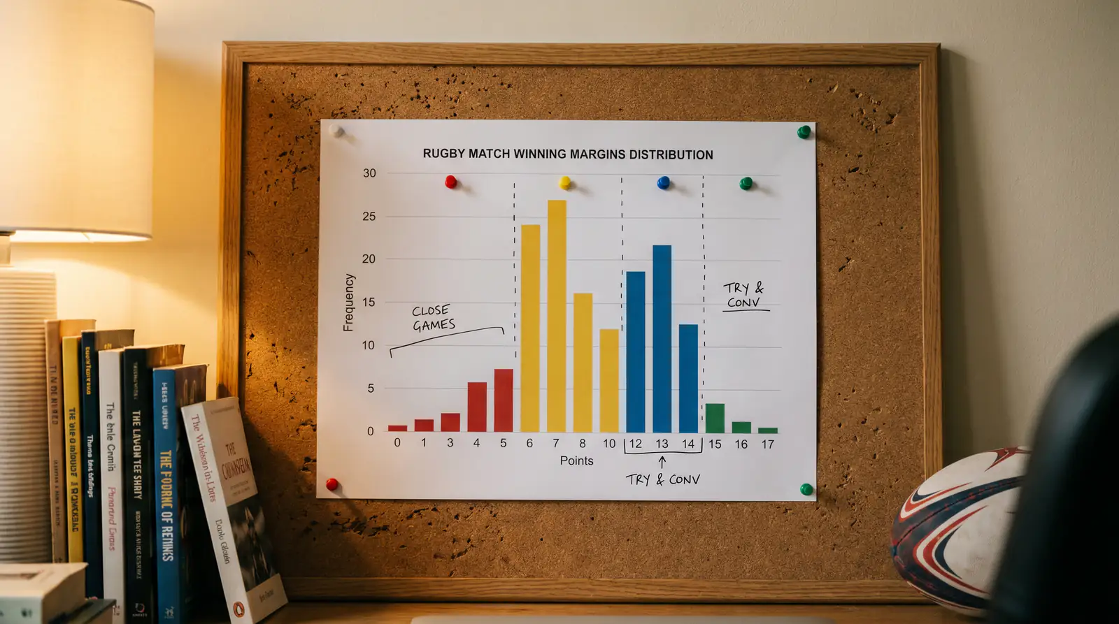 Rugby scoring margin distribution chart showing common point differentials
