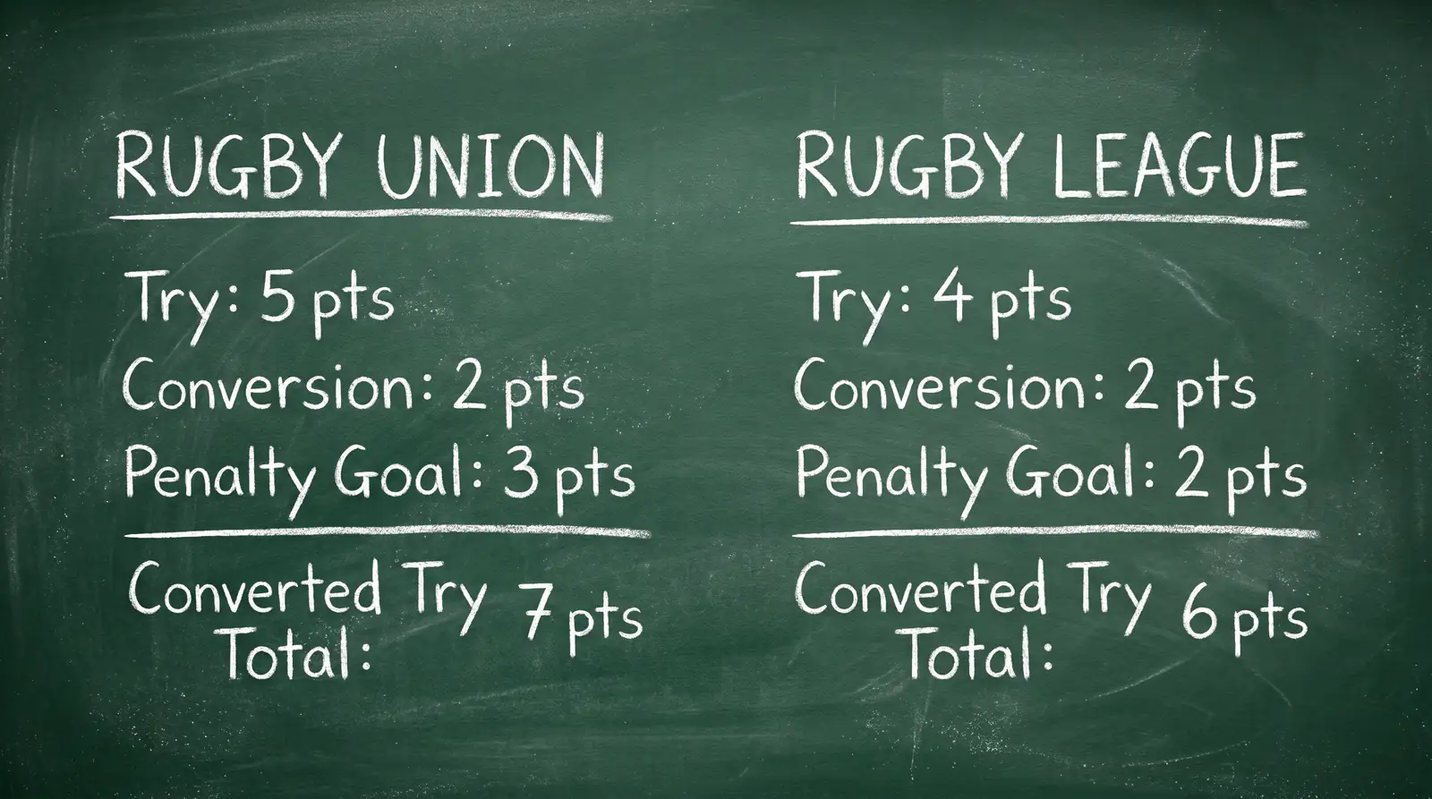Rugby union and league scoring systems side by side with point values