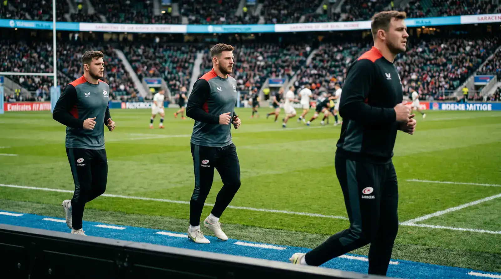 Rugby replacements warming up on the sideline during a European fixture week