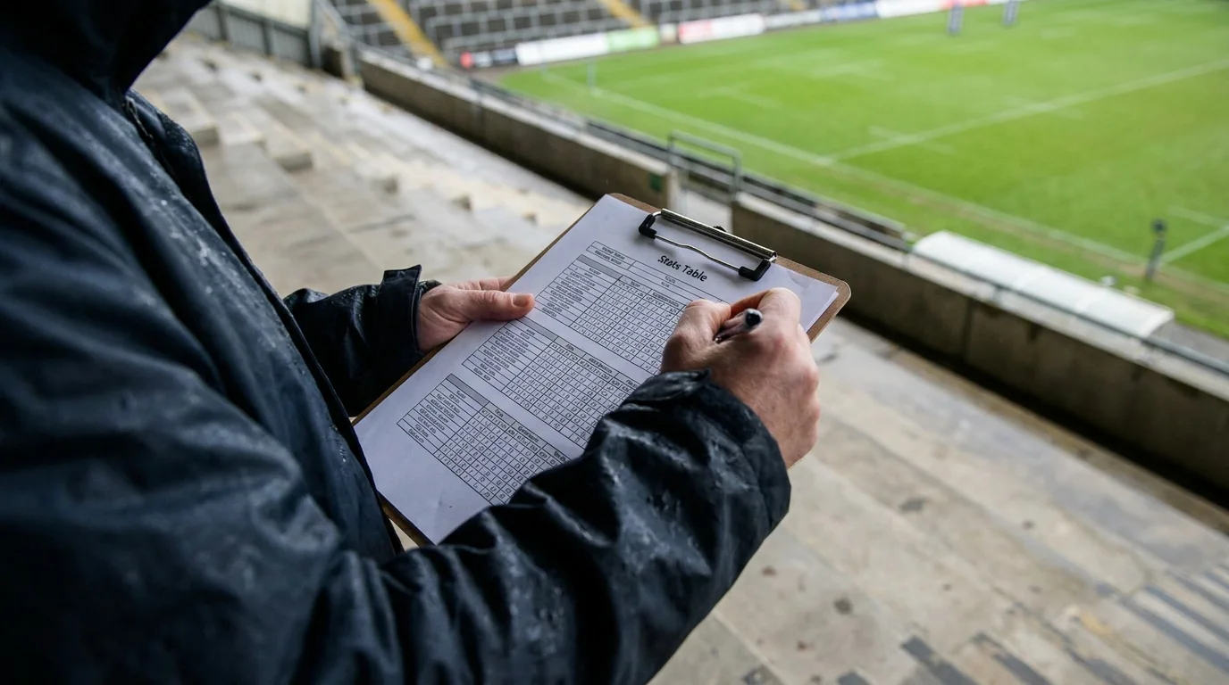 Analyst reviewing rugby match statistics on a notepad beside a training pitch