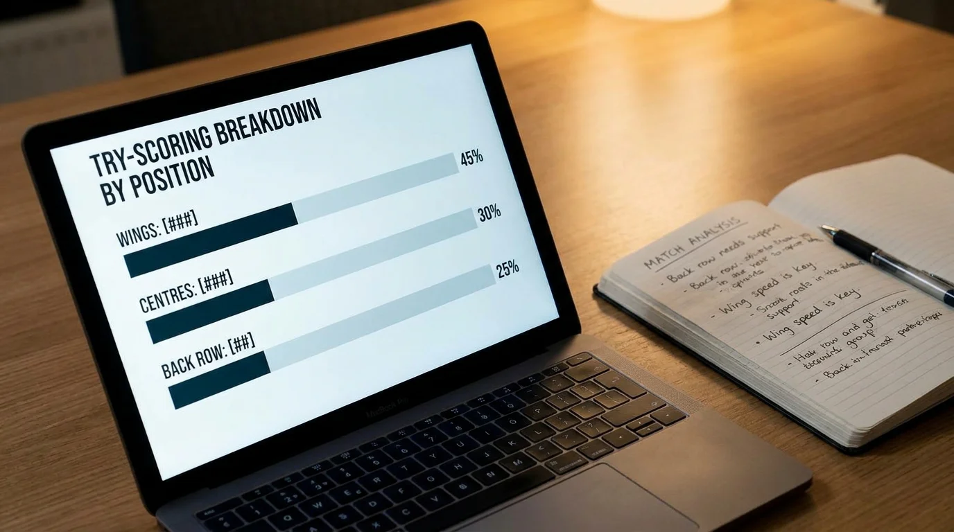 Rugby try scorer positional statistics displayed on laptop screen