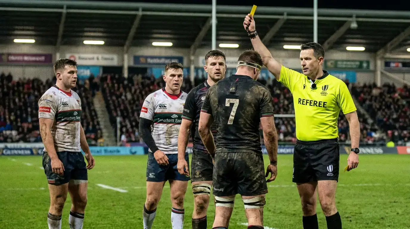 Rugby referee showing yellow card during match with player sent to sin bin