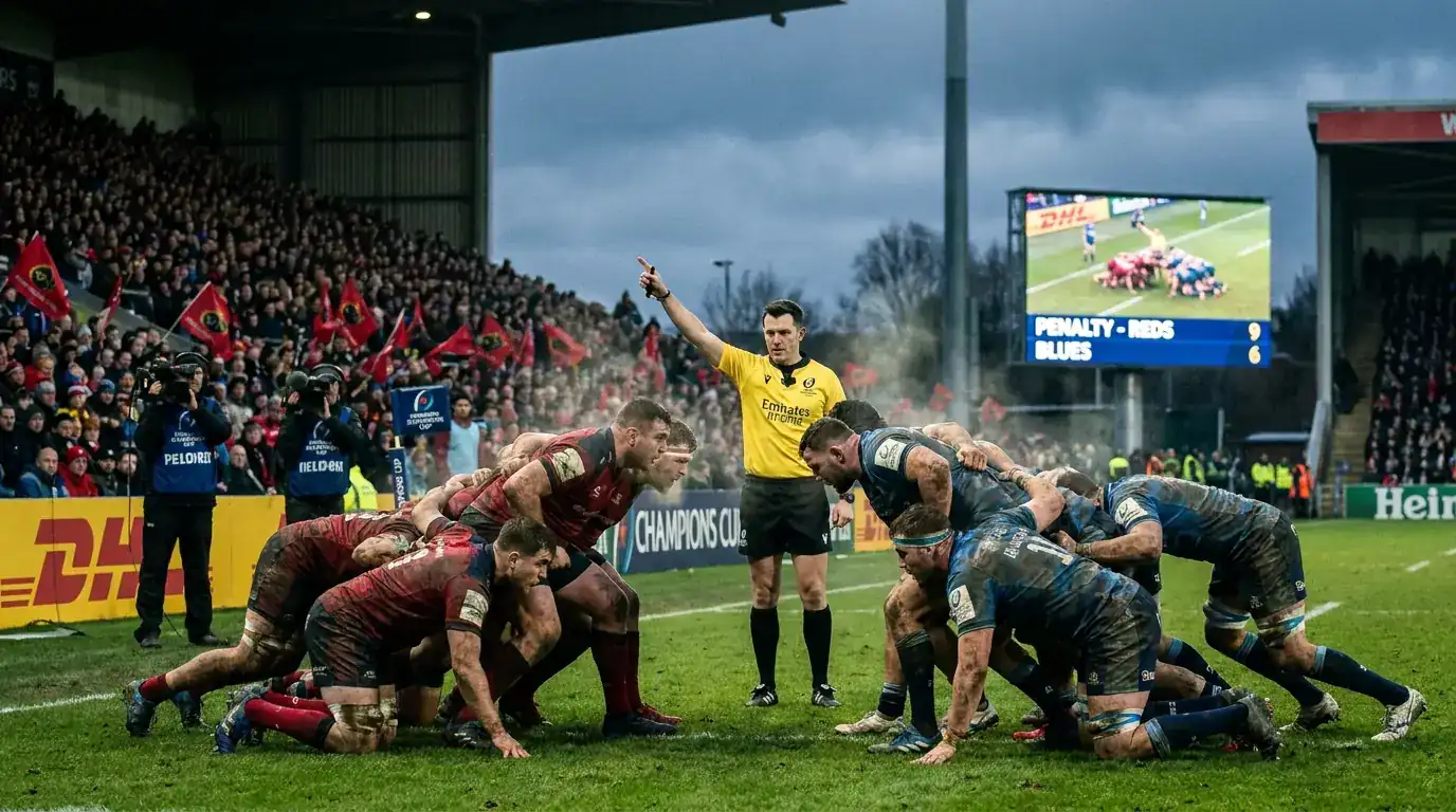 Referee awarding a scrum penalty in a set-piece dominated rugby match