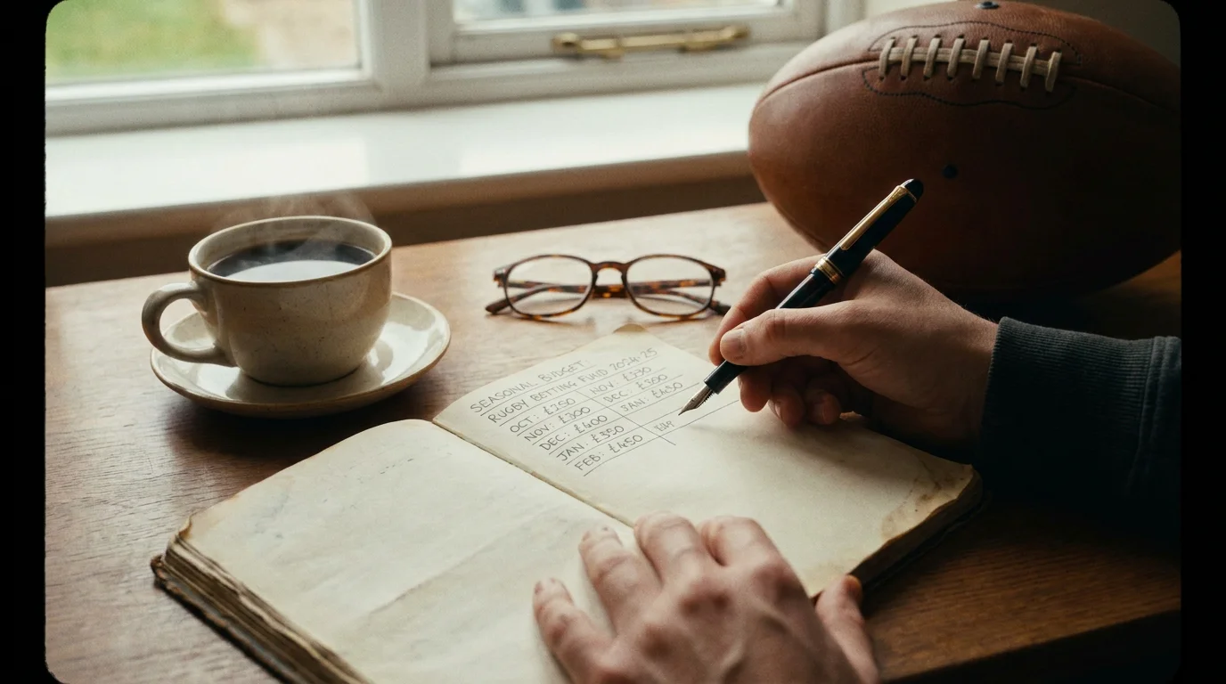 Bettor planning a seasonal rugby betting budget in a notebook