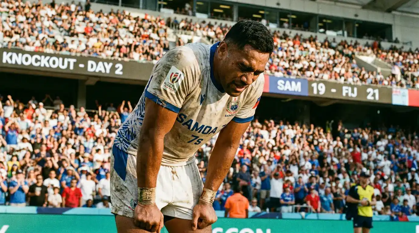 Fatigued rugby sevens player during a day-two knockout match