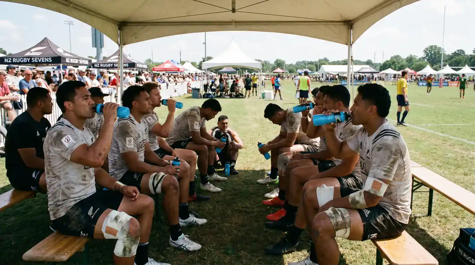Rugby sevens team resting between pool matches at a tournament venue