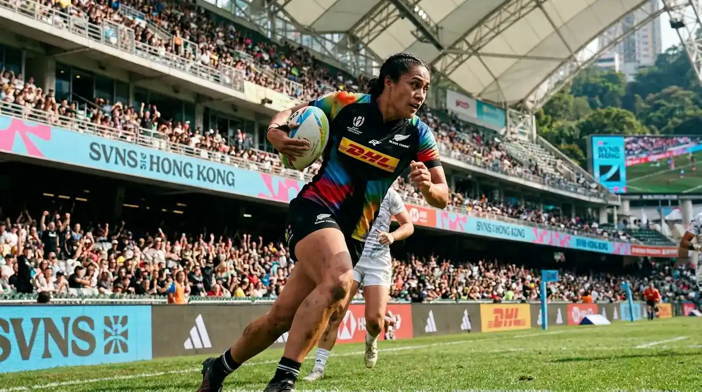 Rugby sevens players sprinting in open space during an SVNS circuit event
