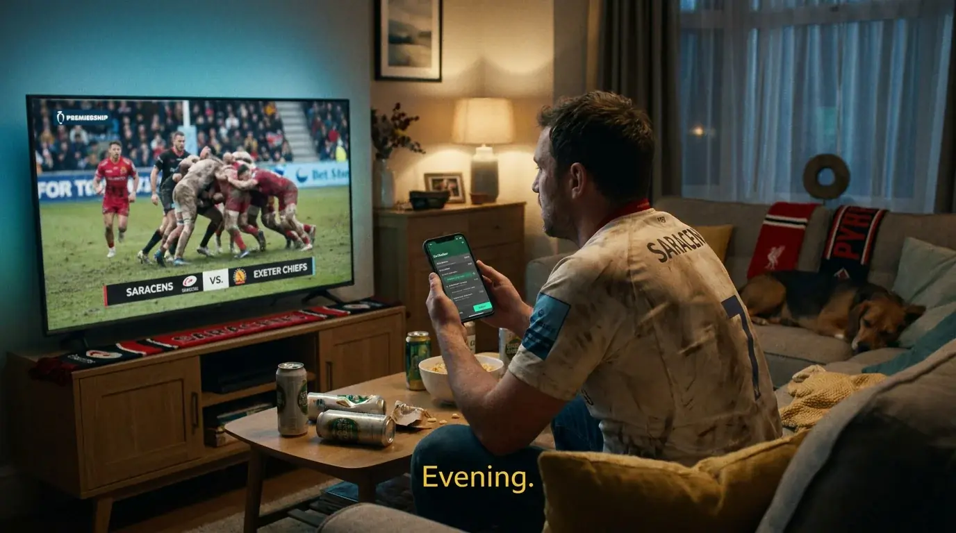 Rugby fan building a same-game multi bet while watching a Premiership match