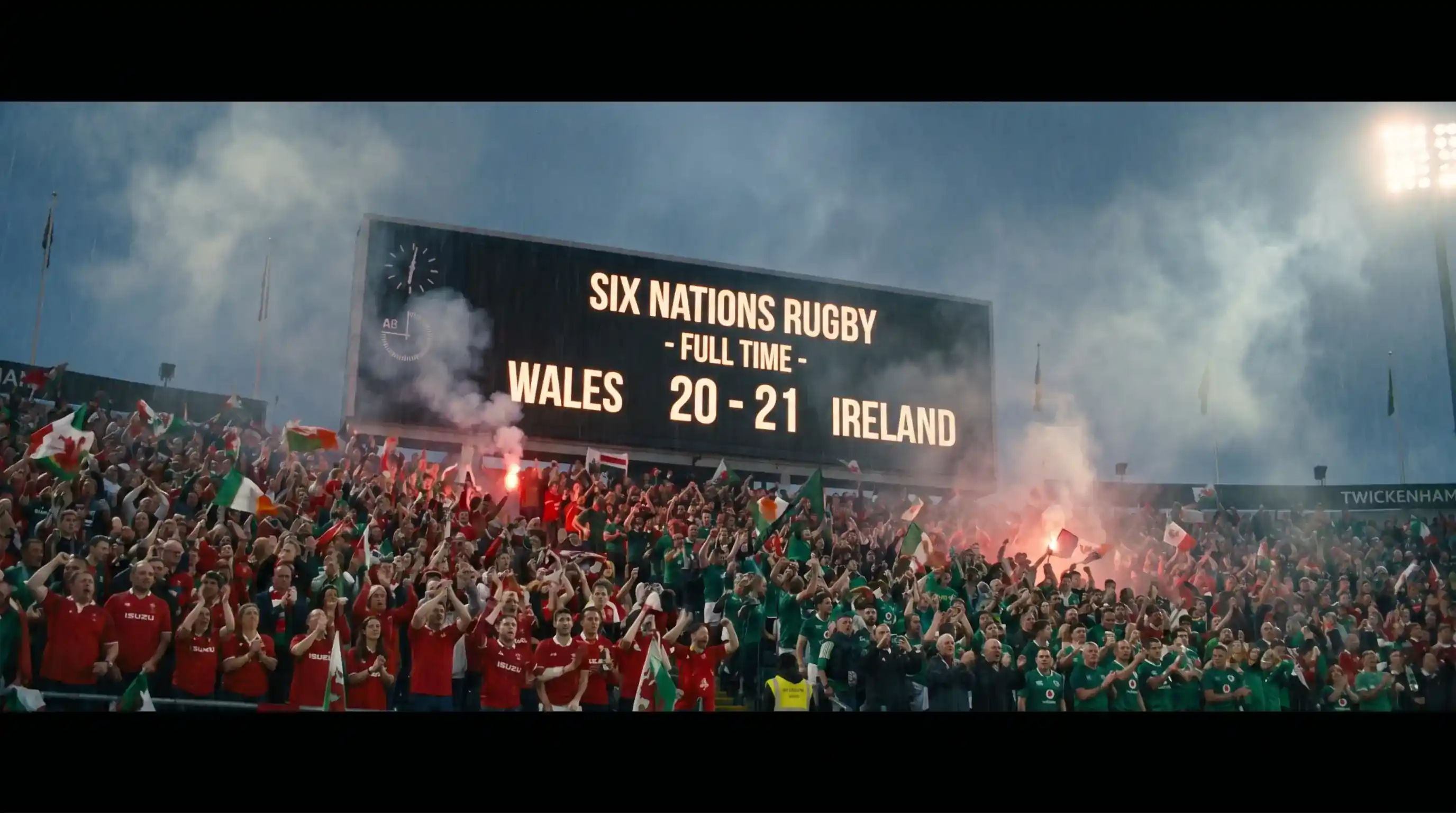 Close Six Nations scoreline displayed on a stadium screen at full time