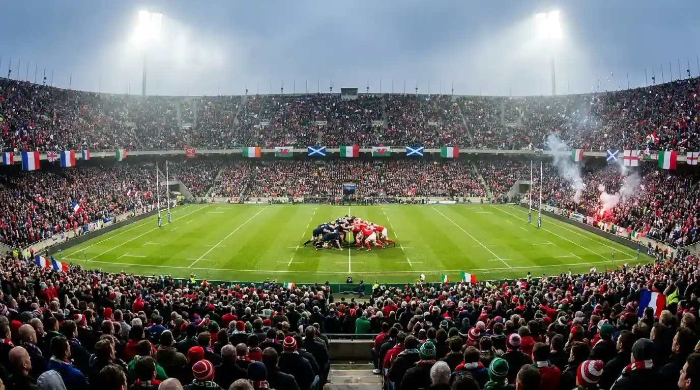 Packed rugby stadium during a Six Nations match with fans in team colours