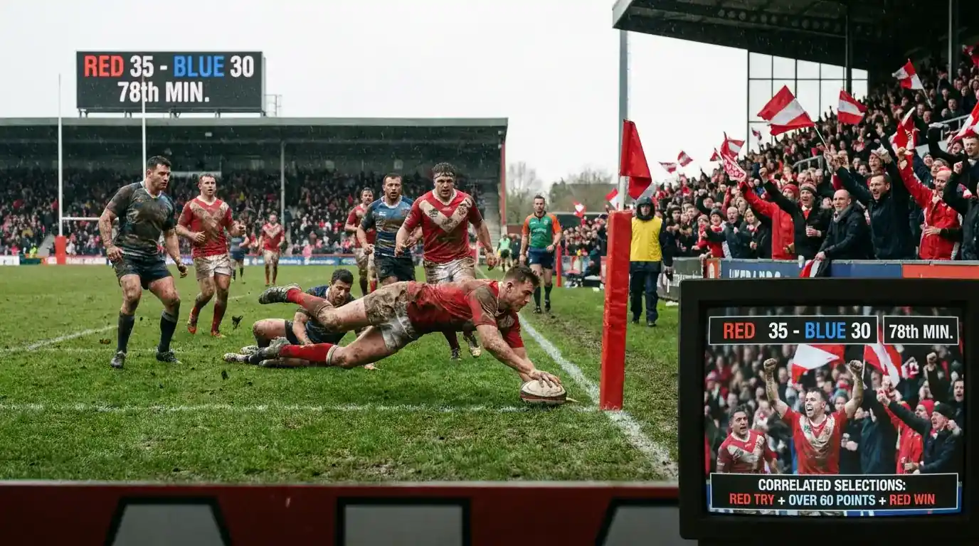 Rugby match situation illustrating correlated bet builder selections