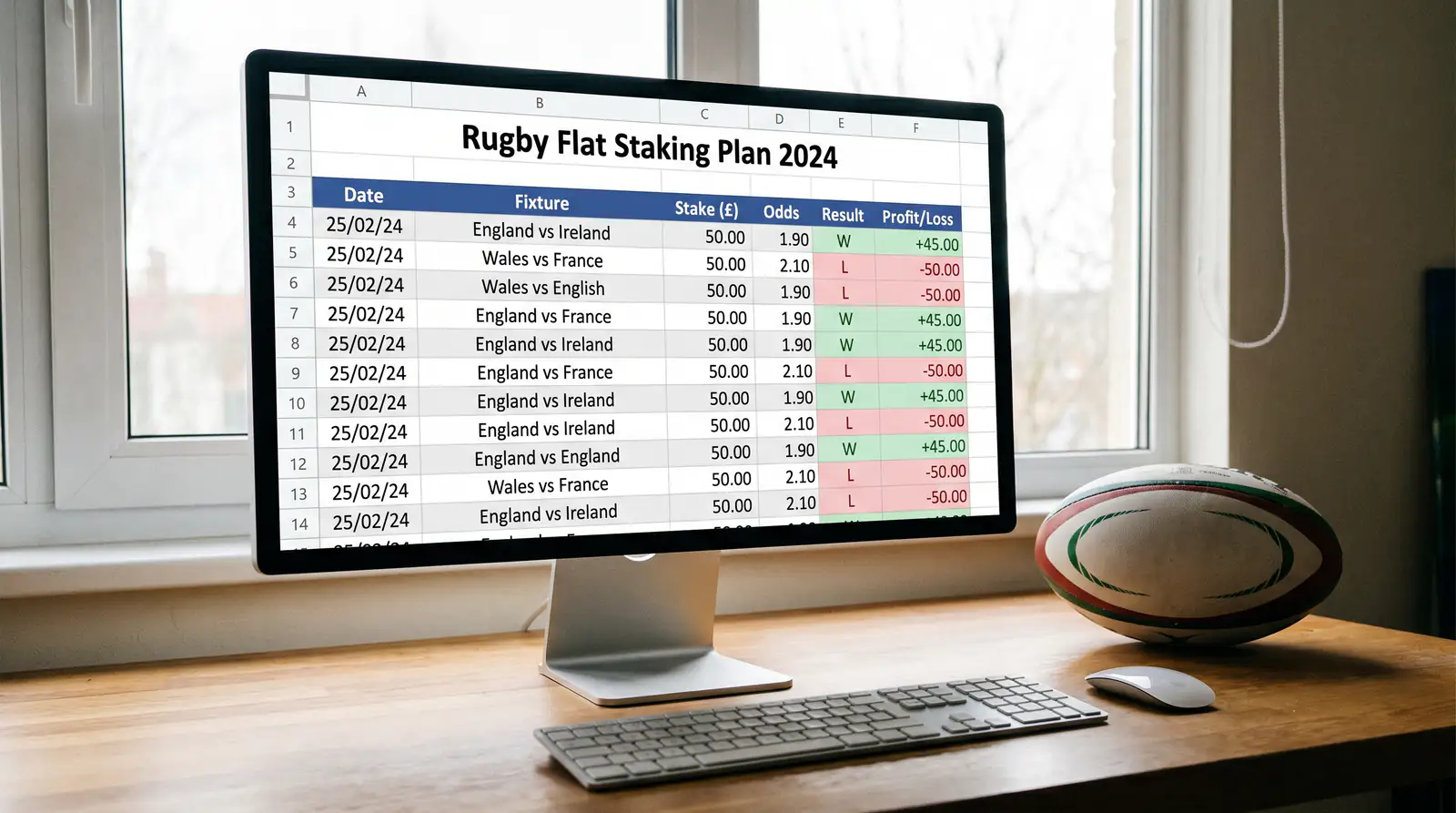 Spreadsheet showing a flat staking plan applied to a full season of rugby bets
