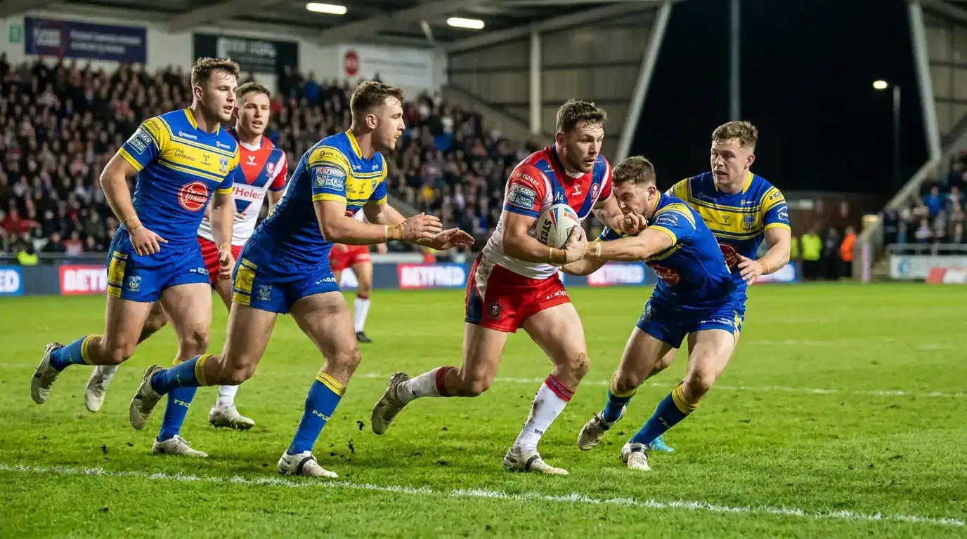 Fast-paced Super League action with players in open space scoring a try