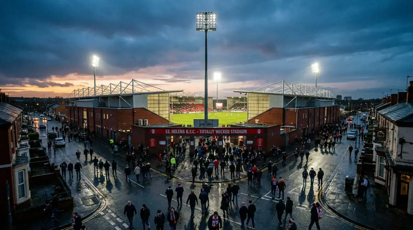 Super League ground under floodlights on a Friday evening matchday