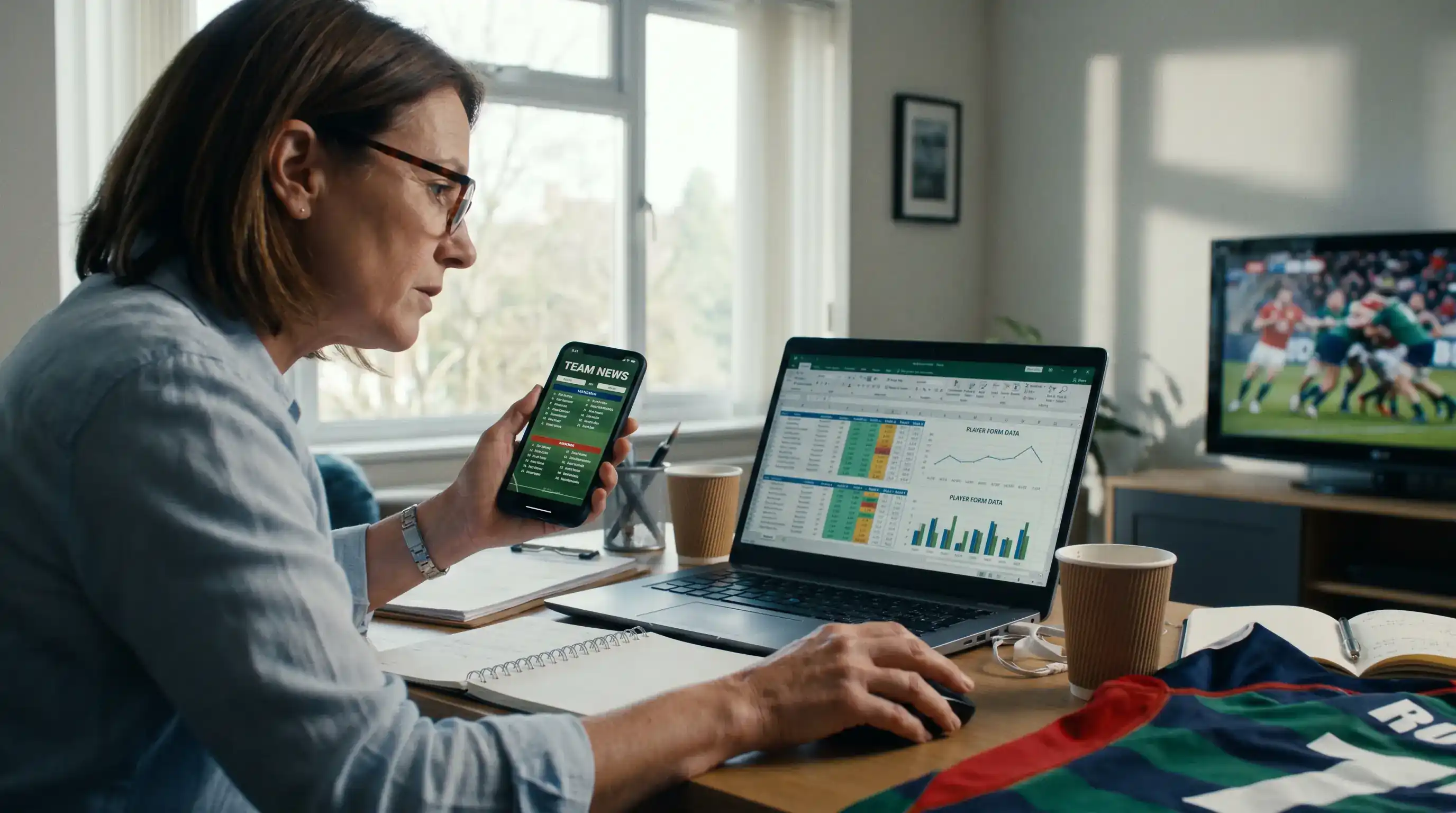 Rugby analyst cross-referencing team news with recent form data