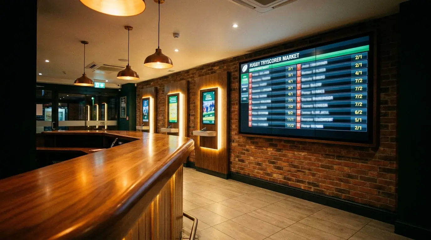 Bookmaker pricing board showing first tryscorer odds for a rugby match