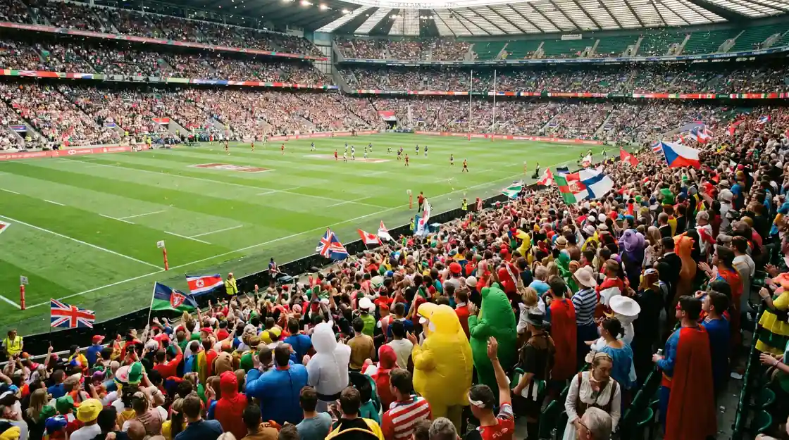 Colourful crowd at a major rugby sevens event at a packed stadium