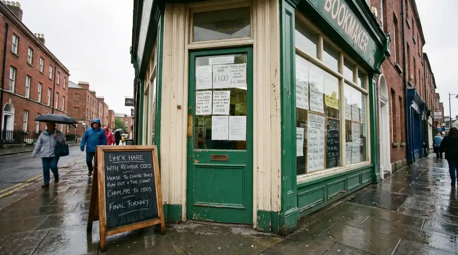Wide view of a modern UK bookmaker shopfront on a high street