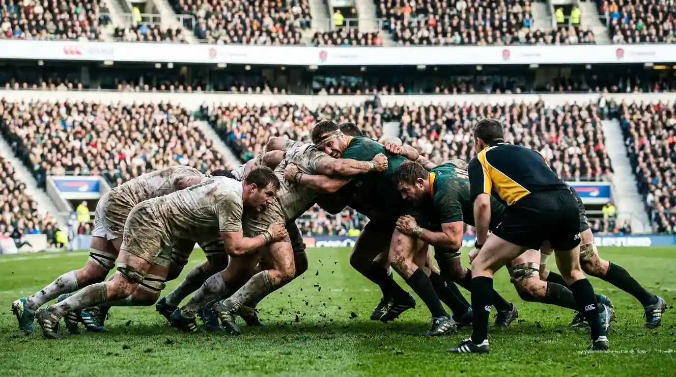 Contested rugby union scrum demonstrating the set-piece dimension unique to Union