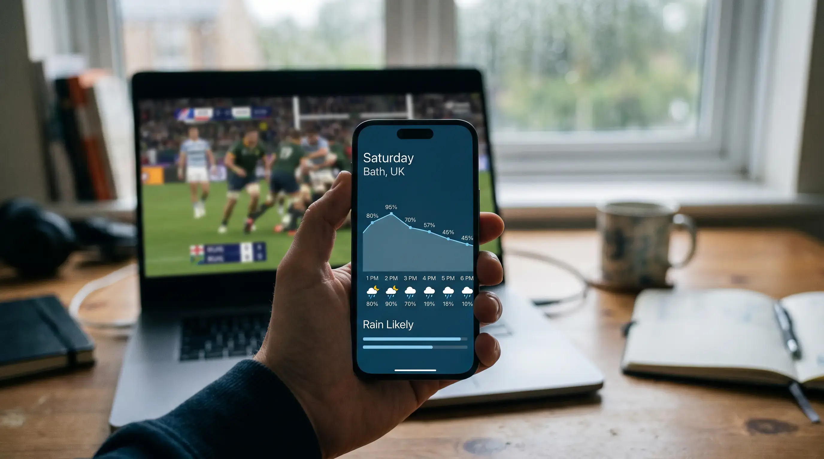 Weather forecast checked on a phone before a Saturday rugby fixture