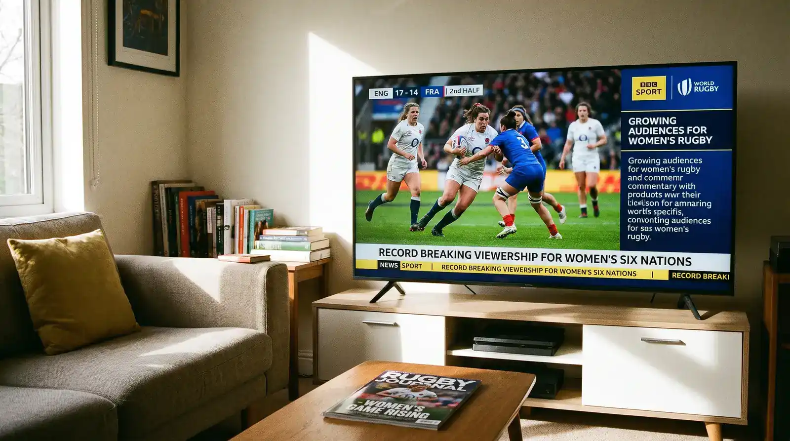 Women's rugby match being broadcast on television with growing viewership