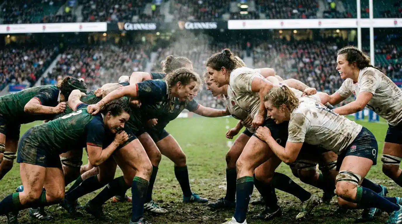 Women's rugby scrum demonstrating set-piece dominance between two sides