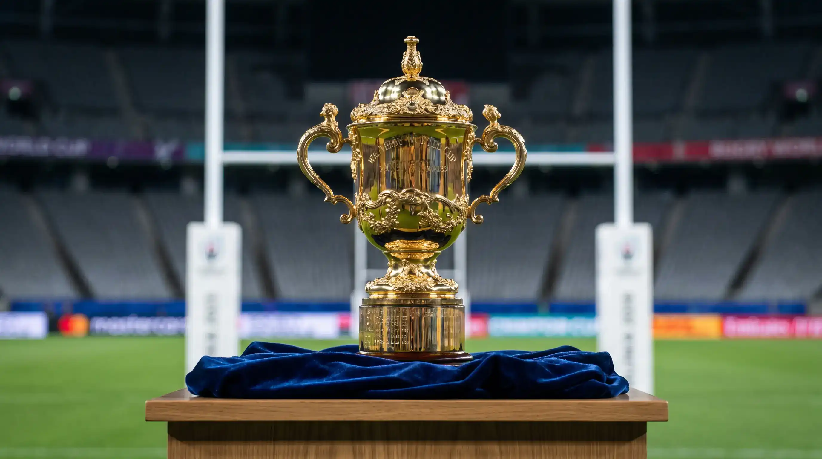 Rugby World Cup trophy on display at the tournament venue